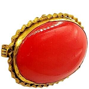 Antique Czech Oval Brooch Petite Pin Red Early Plastic Cabochon Gold Tone
